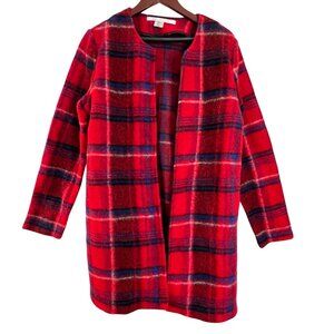 Max Studio Women's Red & Blue Plaid Open Front Coatigan L Wool Blend Pocket